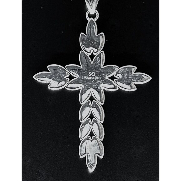 Mother of Pearl Cross Stainless Steel Statement 3 In Pendant 2 Strand Chain - Picture 7 of 10